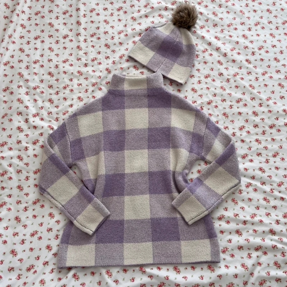 Christian Siriano Purple and Cream Checkered Turtleneck Sweater